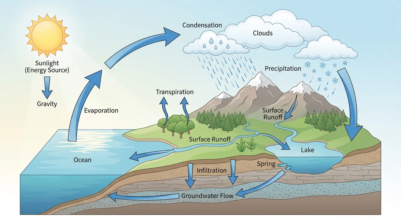 Water cycle diagram with evaporation from ocean, transpiration from plants, condensation in clouds, precipitation, runoff, infiltration, and groundwater flow