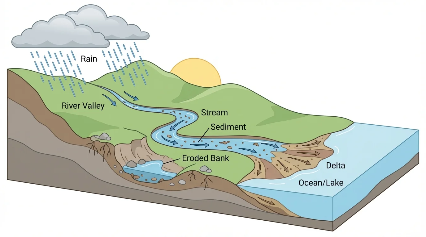 River valley diagram showing rain on slopes, sediment carried by stream, eroded banks, and a delta forming downstream