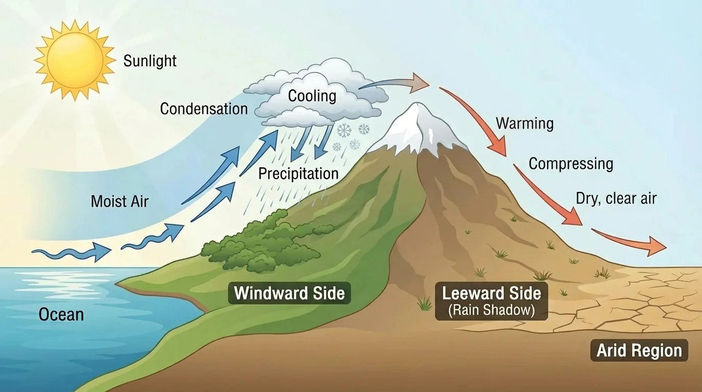 Diagram of moist air rising over a mountain, cooling and raining on one side, with dry rain-shadow conditions on the other side
