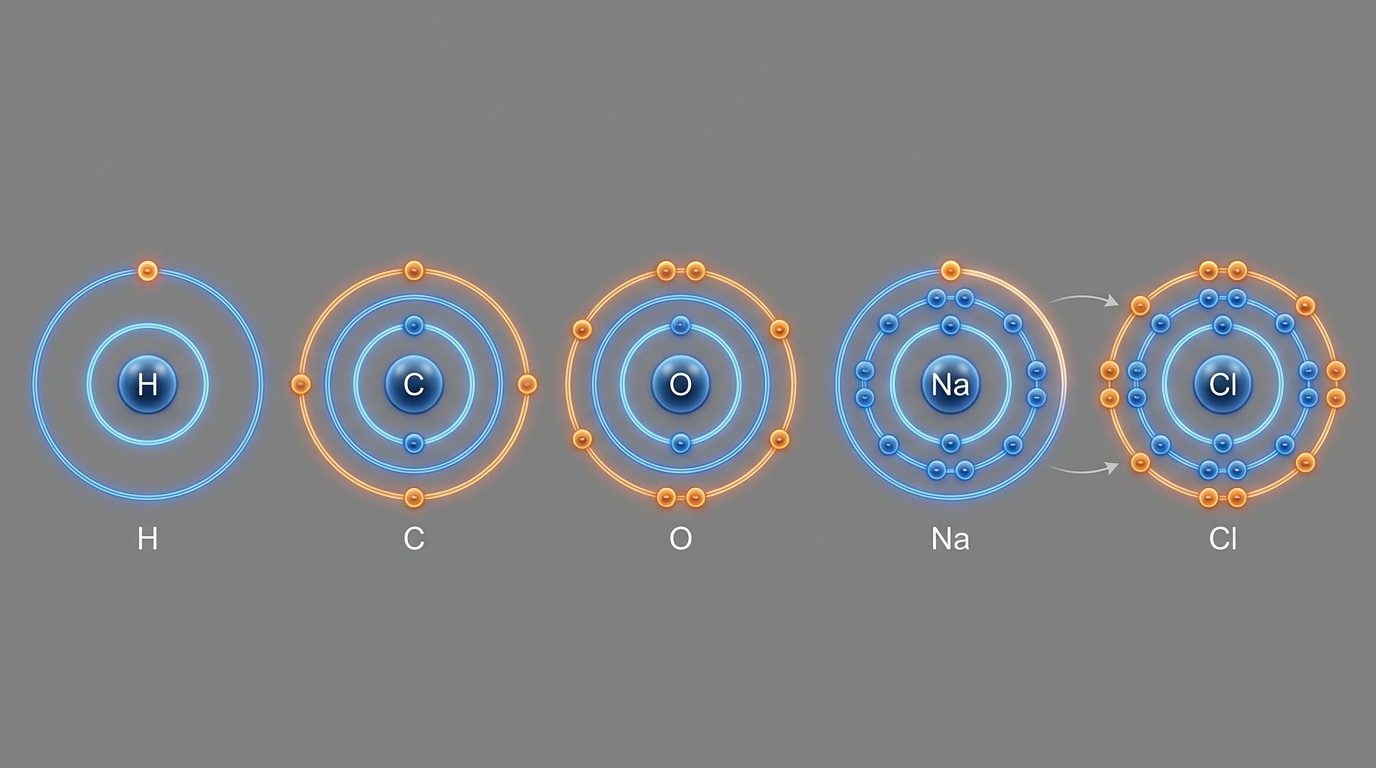 Bohr model diagrams of several main-group atoms (H, C, O, Na, Cl) with clearly drawn shells and valence electrons highlighted in a different color