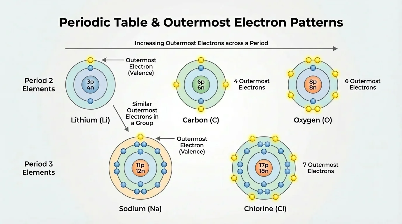 Labeled Bohr-style diagrams of lithium, carbon, oxygen, sodium, and chlorine with outermost electrons highlighted