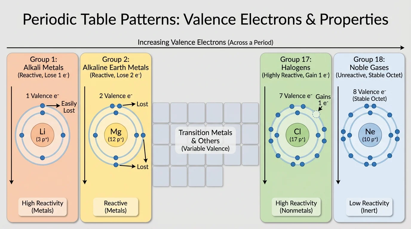 Simplified periodic table with Groups 1, 2, 17, and 18 color-coded and sample atoms labeled by valence electrons