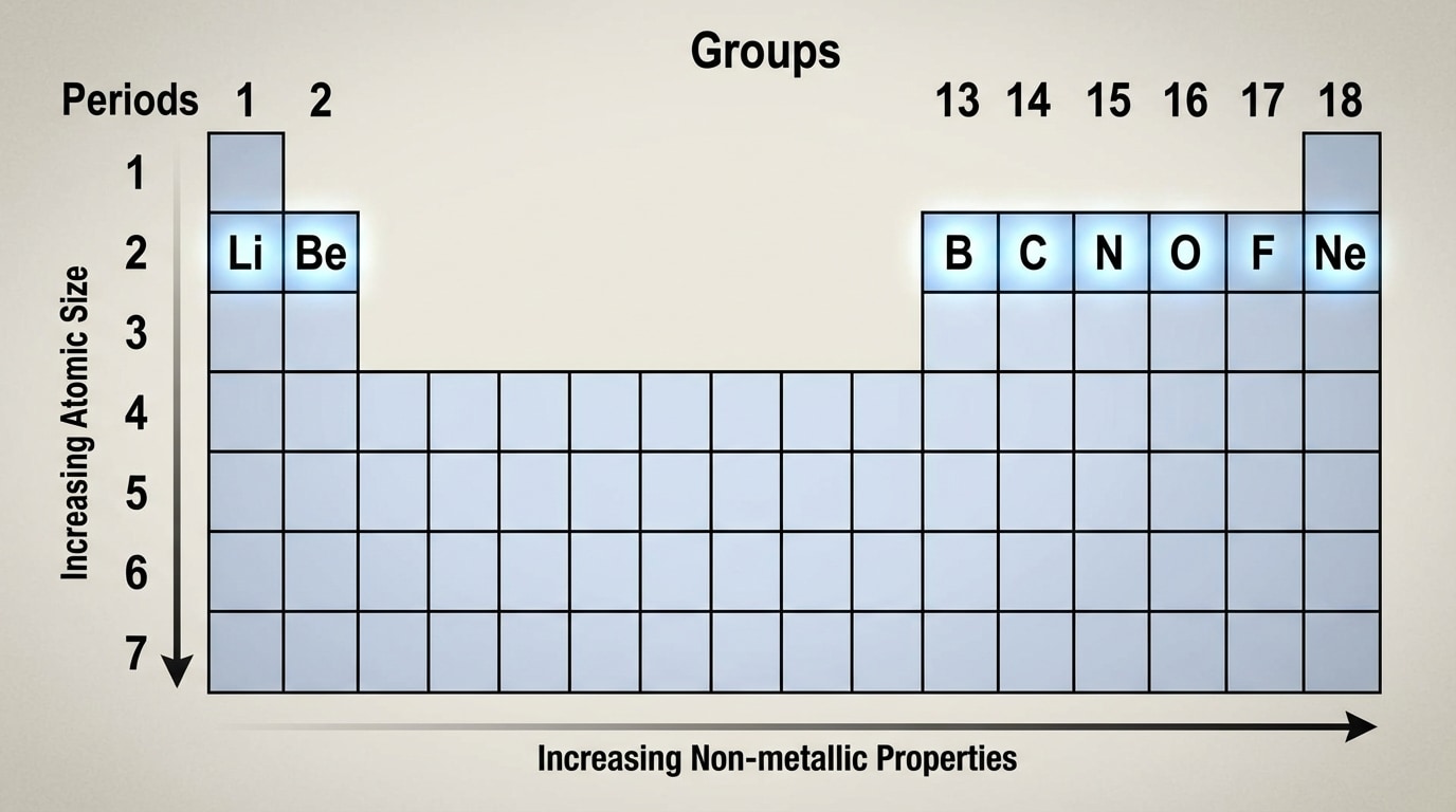 Simplified periodic table with periods labeled on the left, groups labeled across the top, main-group elements shaded, and one example element in each group highlighted