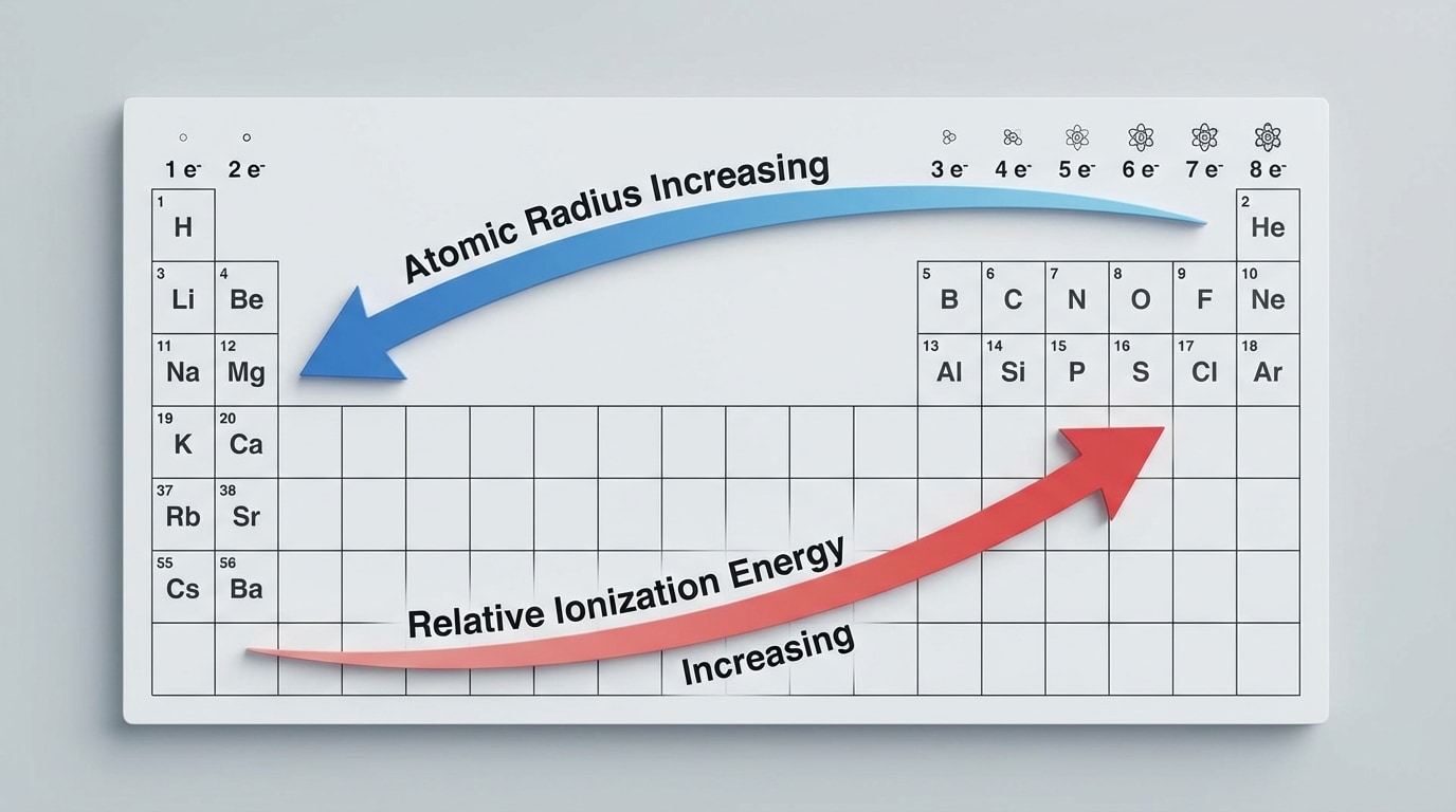 Simplified periodic table with arrows: atomic radius increasing down and to the left, and relative ionization energy increasing up and to the right, with only main-group region shown