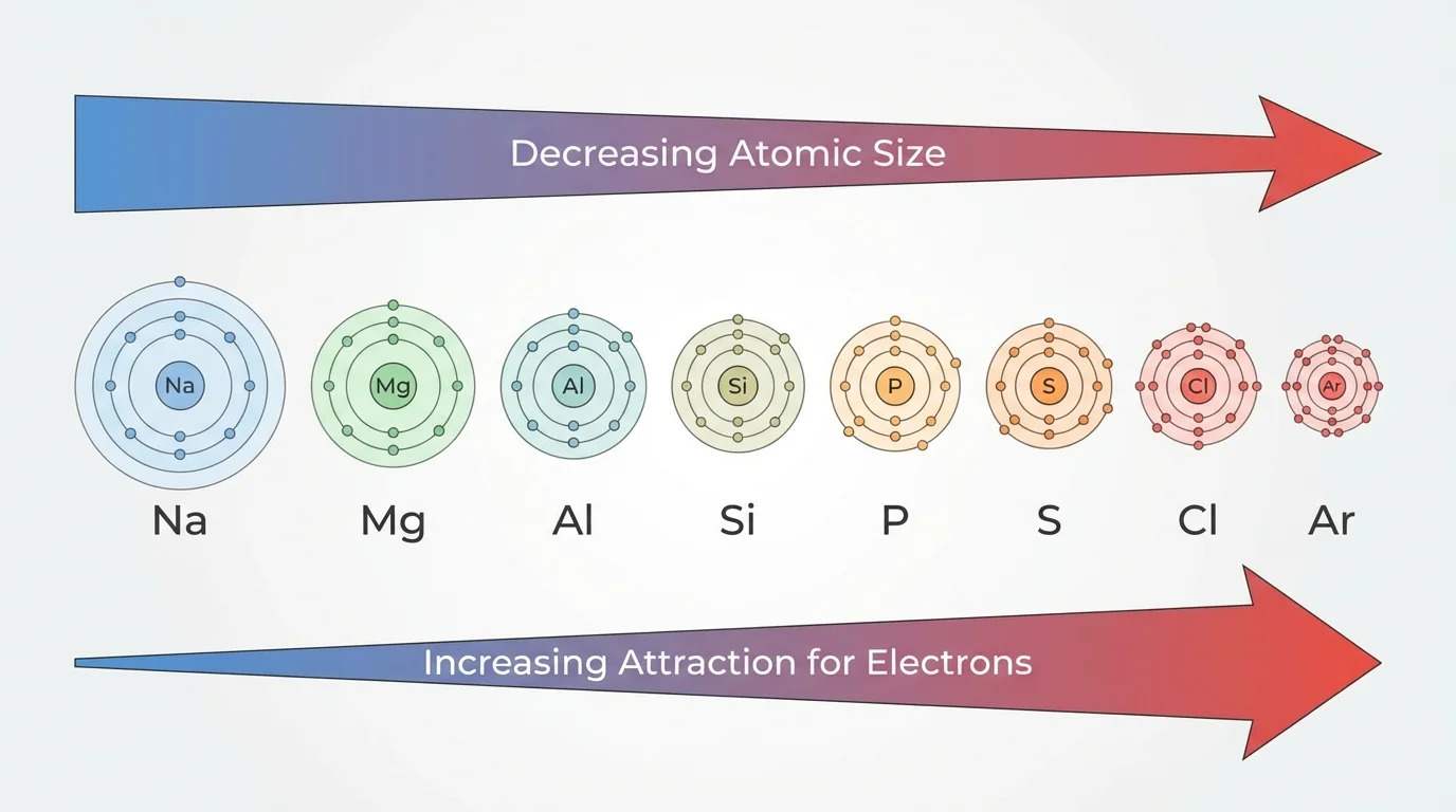 Period 3 strip from sodium to argon with arrows showing decreasing atomic size and increasing attraction for electrons across the row