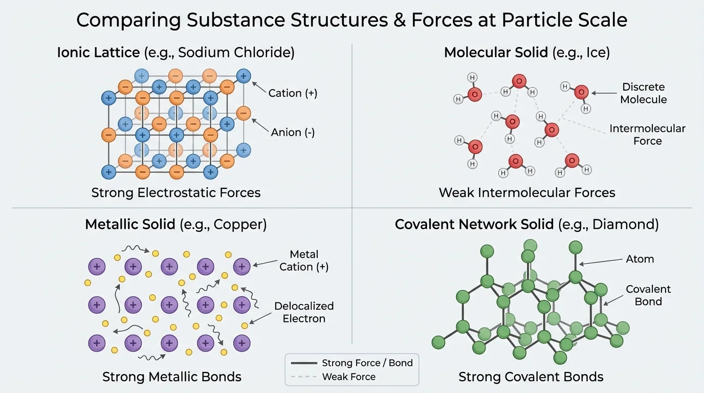 Four-panel particle diagram comparing an ionic lattice, discrete molecules in a molecular solid, metal cations with delocalized electrons, and a covalent network solid with continuous bonds