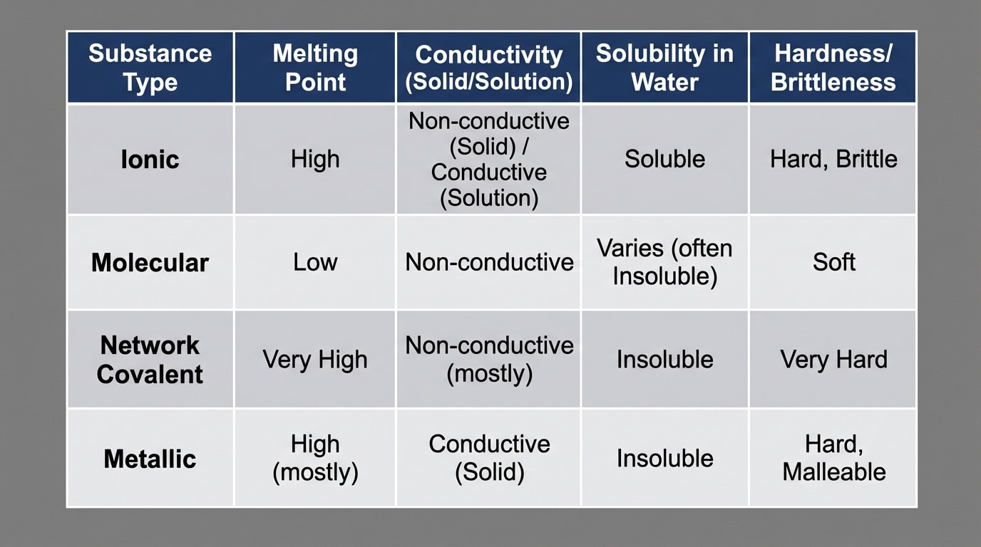 Conceptual chart with columns: Substance Type (ionic, molecular, network covalent, metallic) and rows: melting point (high/low), conductivity (solid/solution), solubility in water, hardness/brittleness, each cell labeled qualitatively.