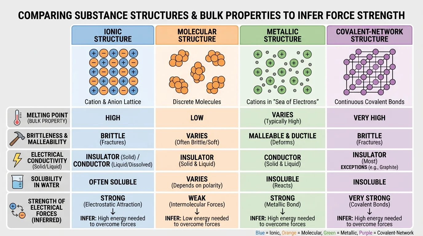 Comparison chart linking bulk properties such as melting point, brittleness, malleability, conductivity, and solubility to likely ionic, molecular, metallic, and covalent-network structures