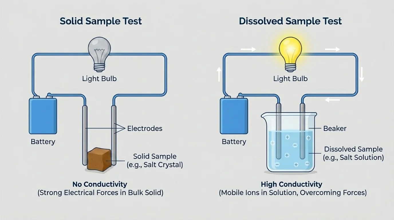 Labeled conductivity-testing setup with battery, bulb, wires, electrodes, a solid sample gap, and a beaker for testing dissolved samples