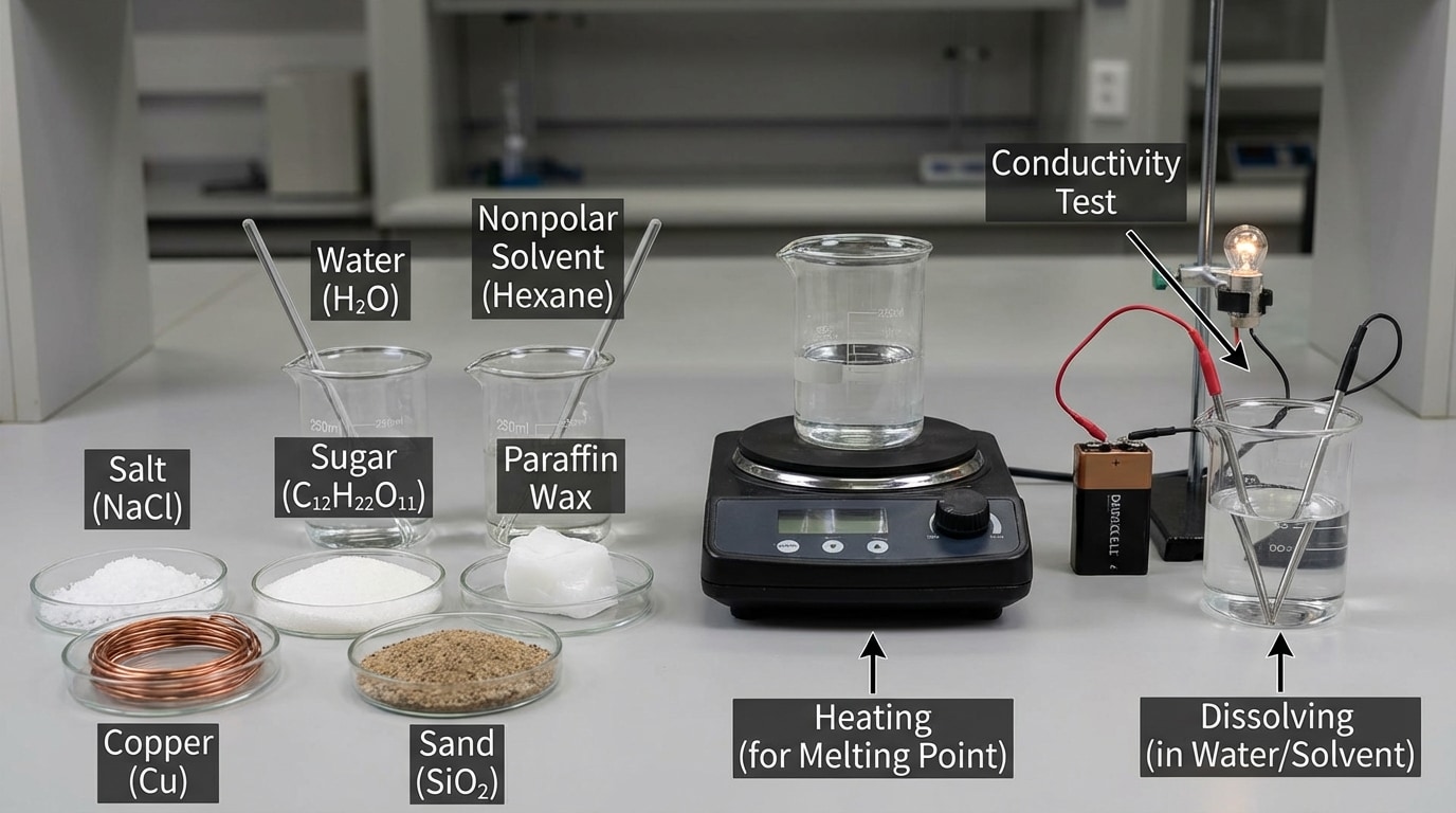 Lab bench with labeled samples (salt, sugar, copper, wax, sand), beakers of water and nonpolar solvent, a hot plate, and a simple conductivity tester with electrodes in a beaker, with arrows labeling variables and measurement points.