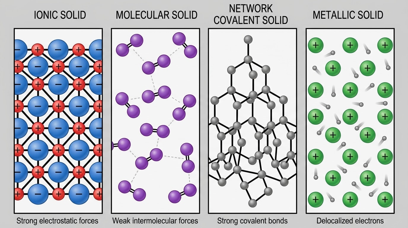 Four-panel particle model comparing ionic solid (alternating + and - ions in lattice), molecular solid (separate molecules with weak attractions), network covalent solid (continuous bonded network), and metallic solid (positive ions with sea of electrons).