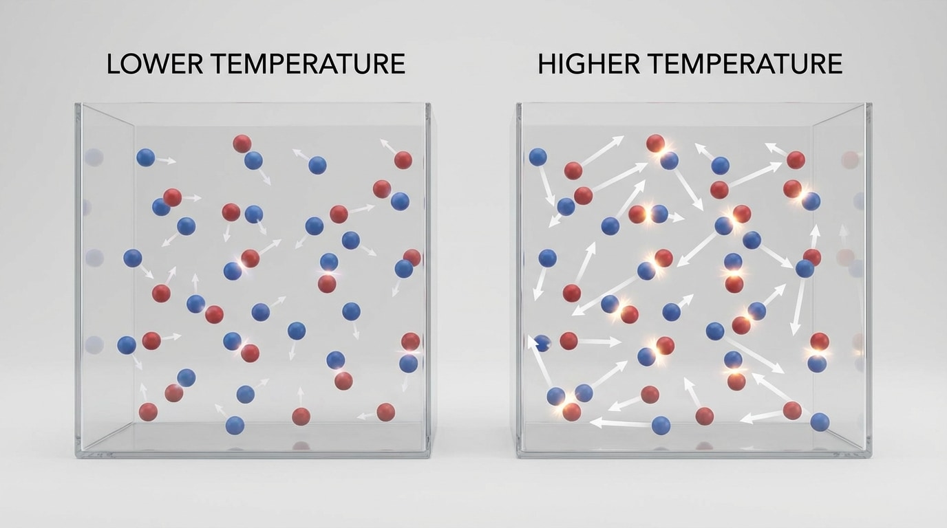 Two boxes side by side. Left box labeled “Lower temperature” has particles with short arrows to show slower motion and fewer highlighted high-energy collisions. Right box labeled “Higher temperature” has the same number of particles but with longer arrows (faster motion) and more highlighted high-energy collisions indicating successful reactions.