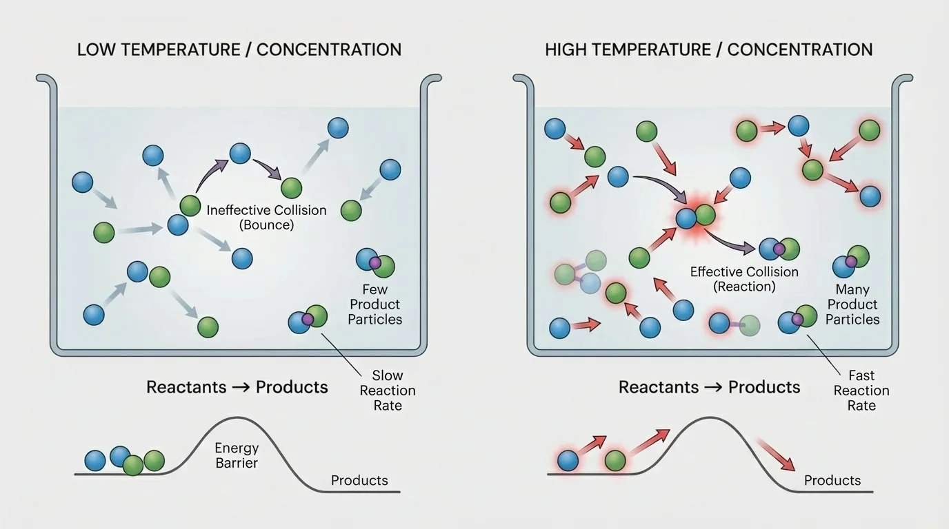 Particle collision diagram showing reactant particles undergoing low-energy collisions that bounce apart and higher-energy collisions that overcome an energy barrier and form product particles