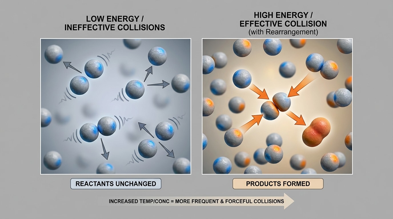 Side-by-side illustrations of particle collisions. On the left, several low-energy collisions where particles bounce apart without reacting. On the right, a high-energy, correctly oriented collision where reactant particles rearrange into product particles.