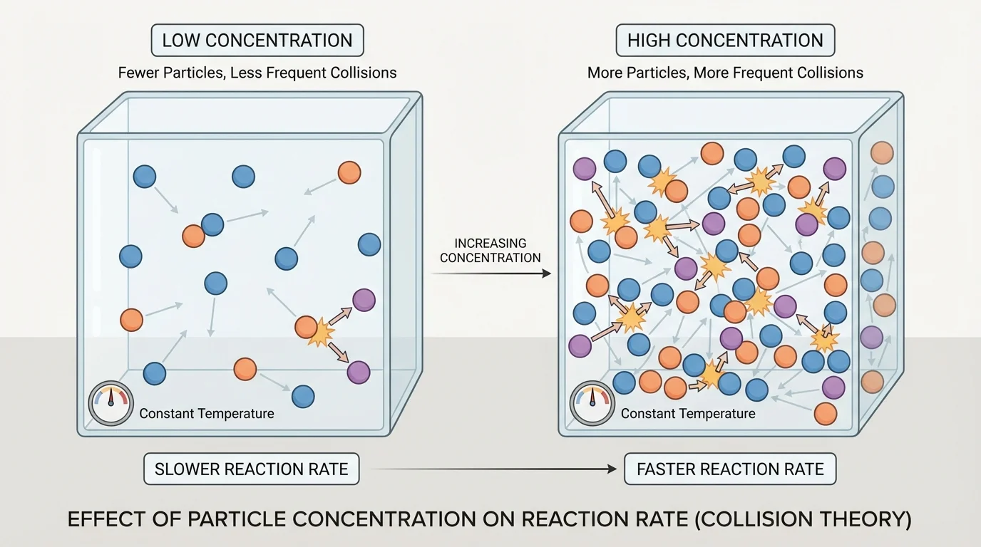 Side-by-side equal-volume containers showing low concentration with fewer reactant particles and high concentration with more reactant particles, arrows indicating fewer versus more frequent collisions