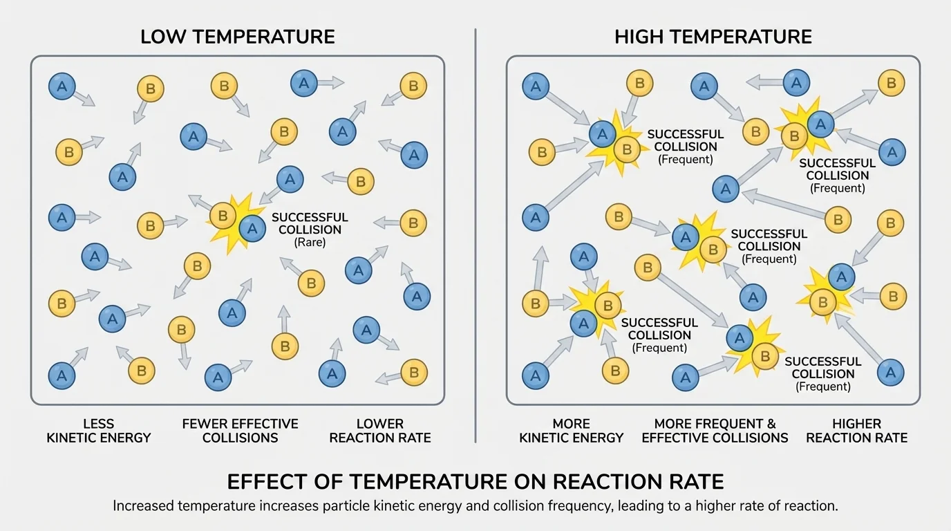Side-by-side particle diagrams of the same reaction at low and high temperature, with shorter motion arrows for cooler particles and longer arrows for warmer particles, showing more successful collisions at higher temperature