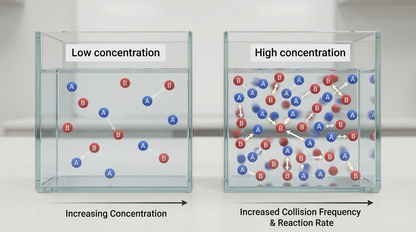 Two same-size boxes representing equal volumes of solution. Left box labeled “Low concentration” contains only a few reactant particles A and B. Right box labeled “High concentration” contains many more A and B particles in the same space, with more arrows indicating collisions.