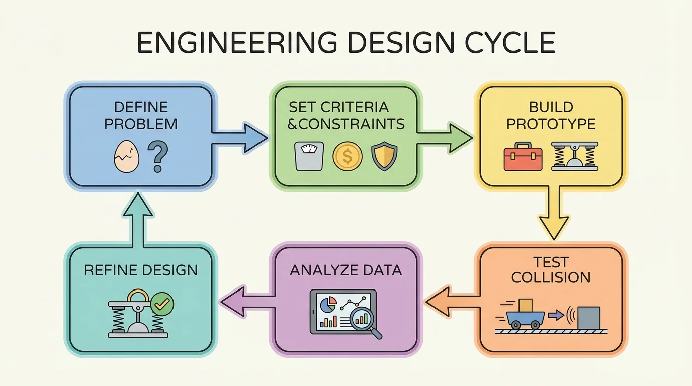 Engineering design cycle with boxes labeled define problem, set criteria and constraints, build prototype, test collision, analyze data, refine design