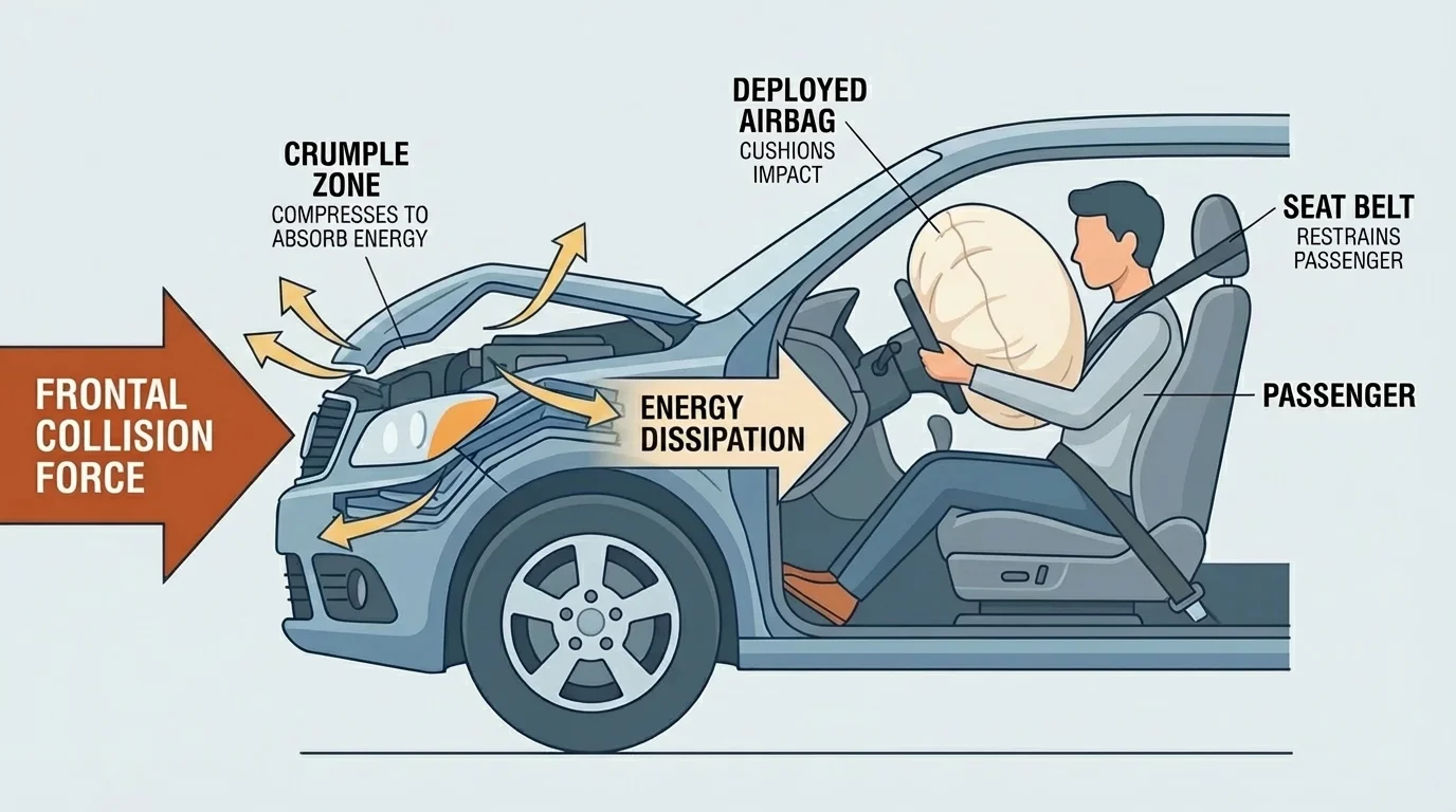 Labeled car cross-section showing passenger wearing seat belt, deployed airbag, and front crumple zone compressing during a frontal collision