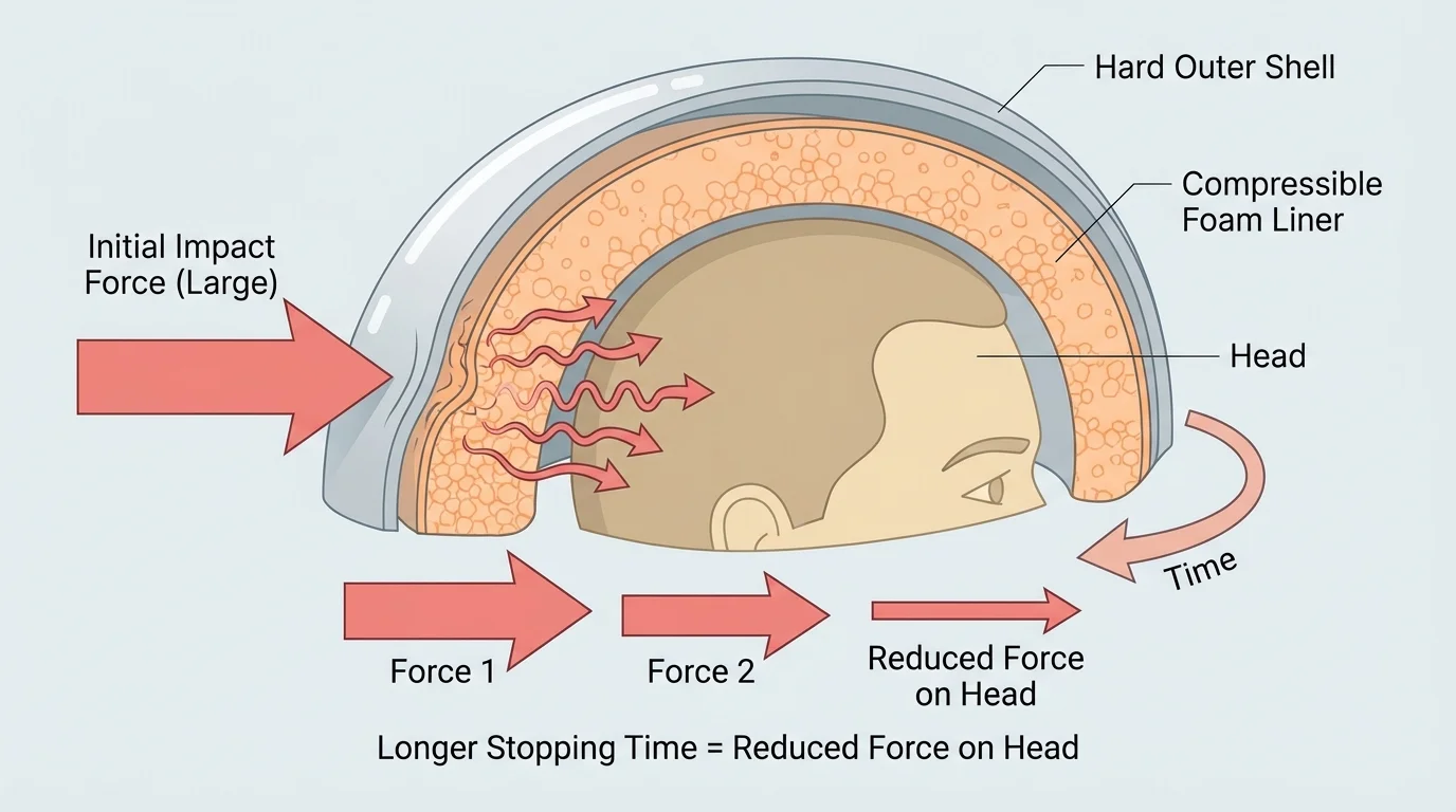 Cutaway helmet showing hard outer shell, compressible foam liner, head inside, and arrows indicating impact and reduced force through longer stopping time