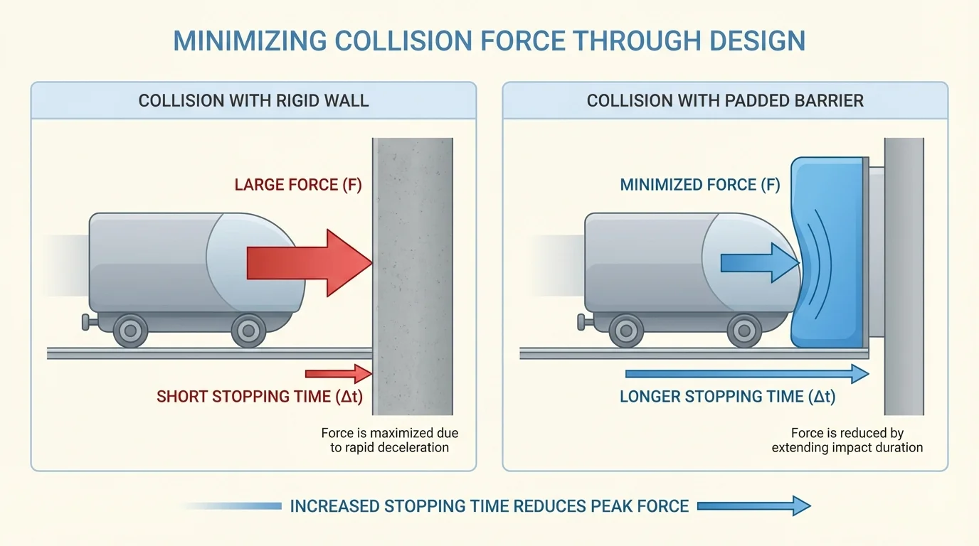 Two side-by-side collision scenes of a cart hitting a rigid wall and a padded barrier, with arrows showing short stopping time and longer stopping time, and the cart compressing the padding