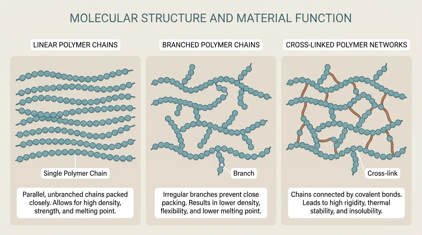 Side-by-side sketches of linear polymer chains, branched polymer chains, and cross-linked polymer networks with simple labels