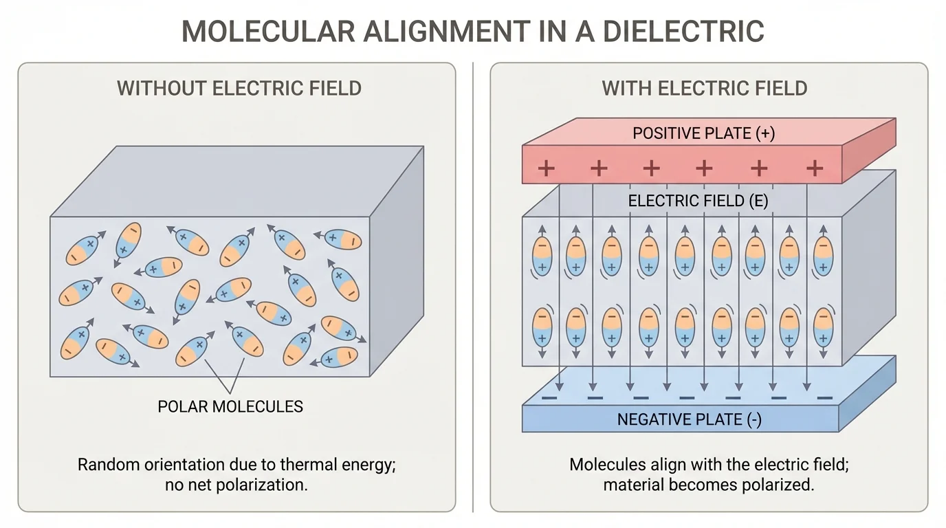 Polar molecules in a dielectric shown randomly oriented with no field and aligned between oppositely charged plates when an electric field is applied