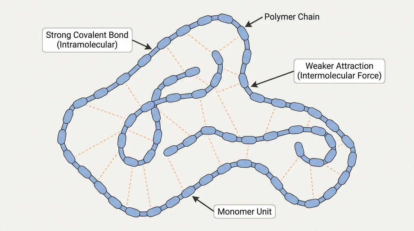 Labeled polymer-chain diagram showing strong covalent bonds along each chain and weaker attractions between neighboring chains