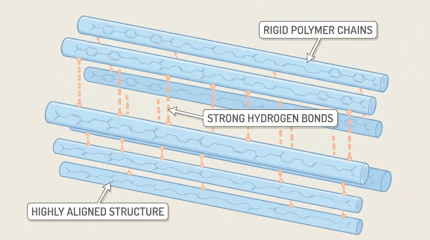 Closely aligned Kevlar-like polymer chains with short labels showing rigid chains and strong attractions between neighboring chains