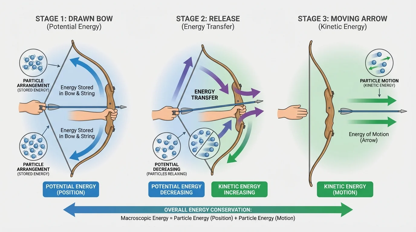 Sequence of drawn bow, release, and moving arrow with arrows indicating energy transfer