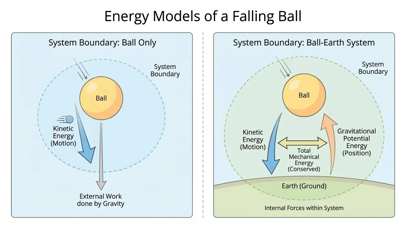 Same dropped ball shown with two system boundaries: ball only and ball-Earth system