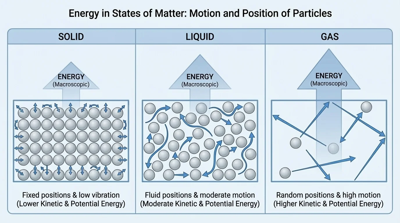 Particles in a solid, liquid, and gas with motion arrows showing slower and faster particle motion