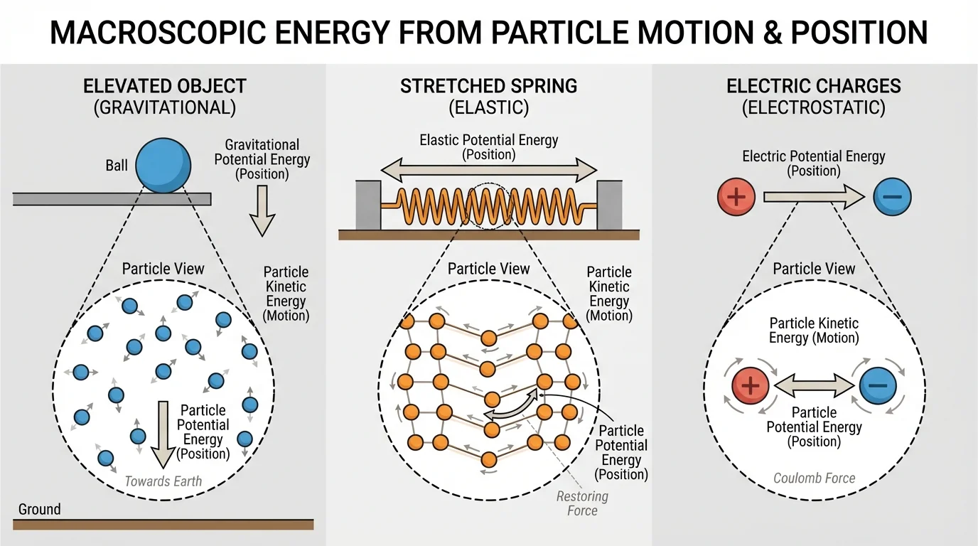 Three-part diagram showing elevated ball, stretched spring, and two electric charges with labeled relative positions