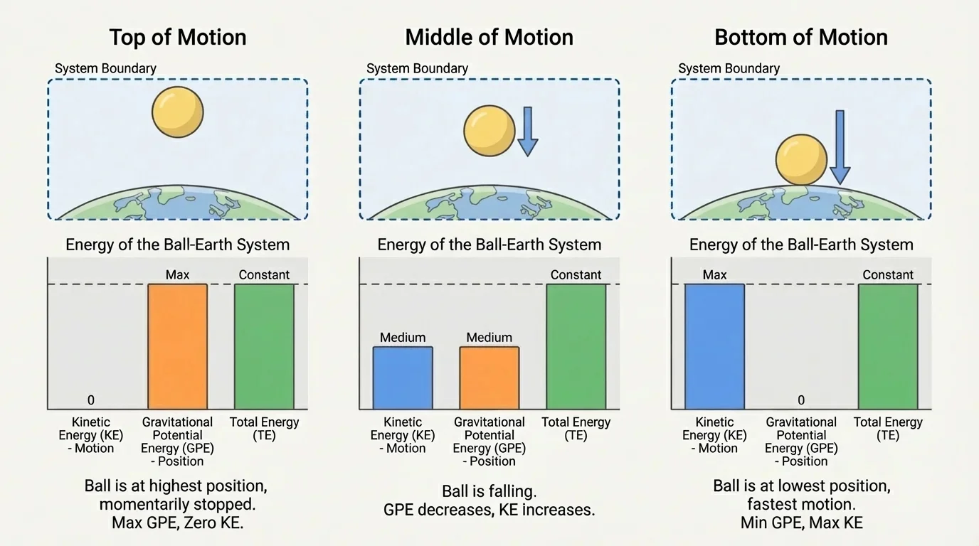 Energy bar chart and system boundary for a ball-Earth system at top, middle, and bottom of motion