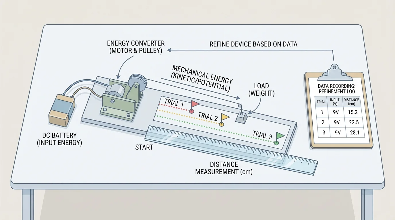 Student test station showing repeated trials of a device with the same battery input each time, ruler for distance measurement, and data table clipboard