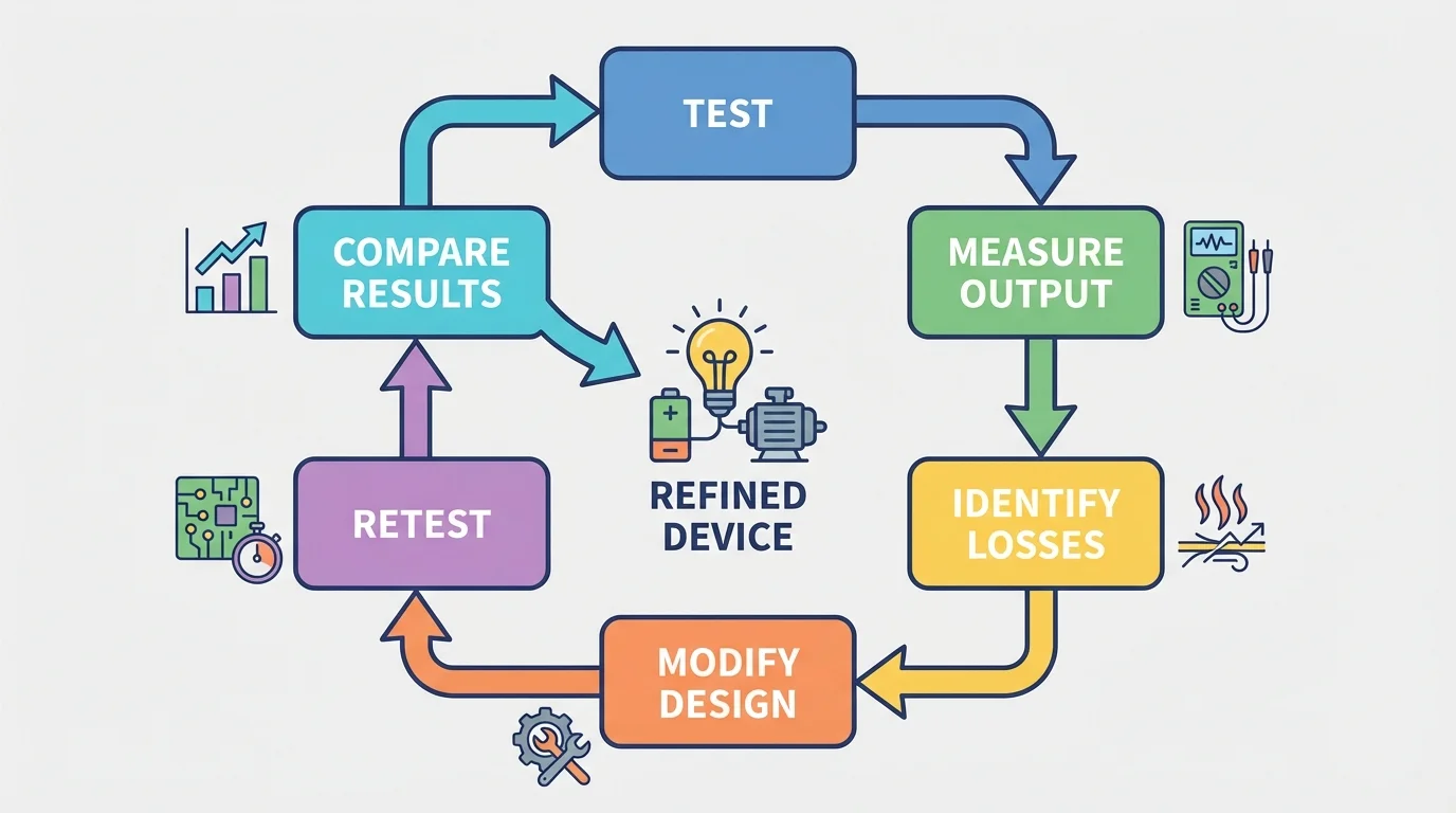 Prototype refinement cycle with boxes labeled test, measure output, identify losses, modify design, retest, compare results