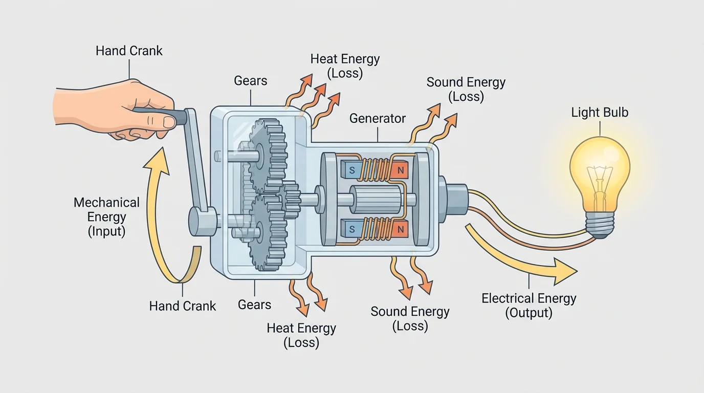 Hand-crank generator with labeled arrows showing mechanical input from turning handle, electrical output to a bulb, and smaller arrows for heat and sound losses