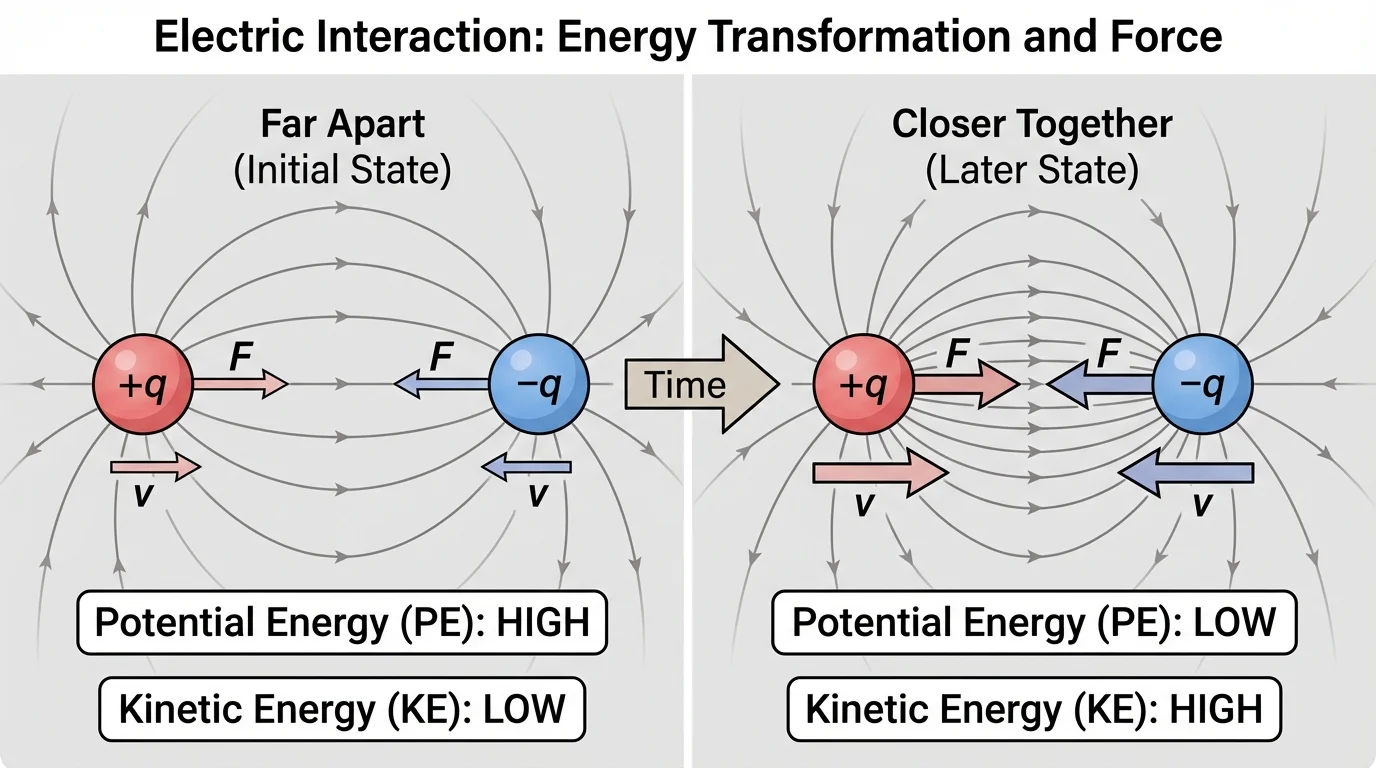 Sequence of two opposite charges first far apart and then closer together, with arrows showing motion toward each other and simple energy labels indicating potential energy decreases while kinetic energy increases