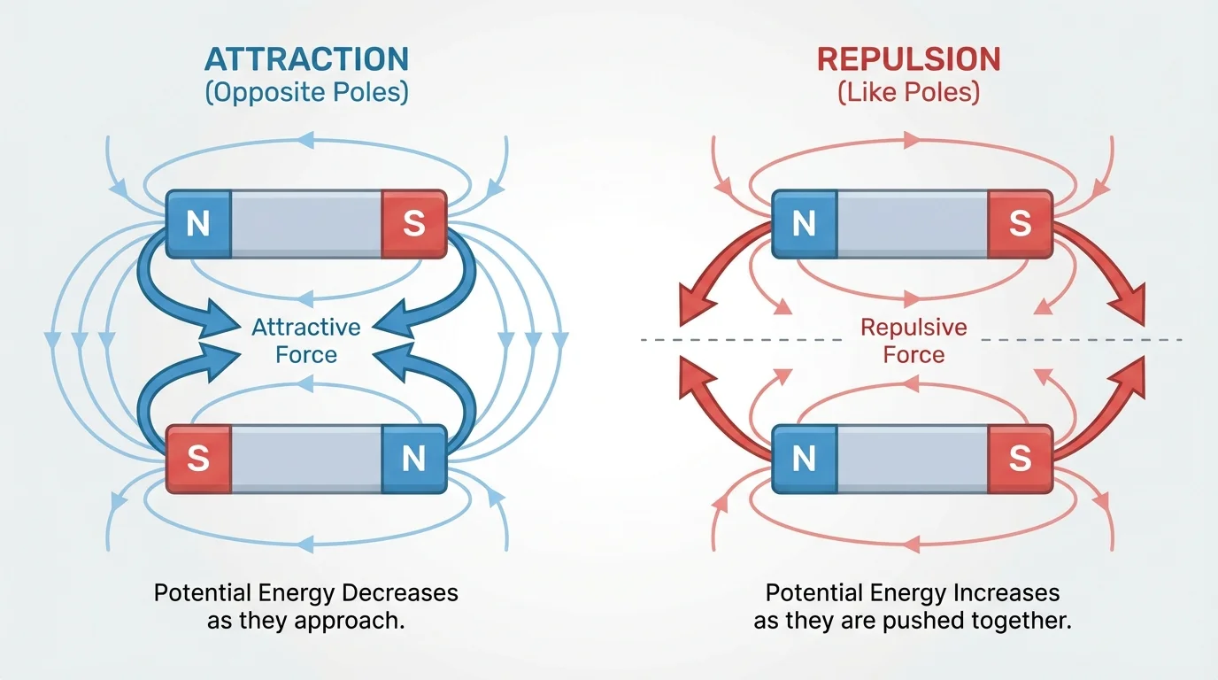 Two bar magnets with labeled N and S poles, one arrangement showing attraction between opposite poles and another showing repulsion between like poles, with arrows indicating force directions