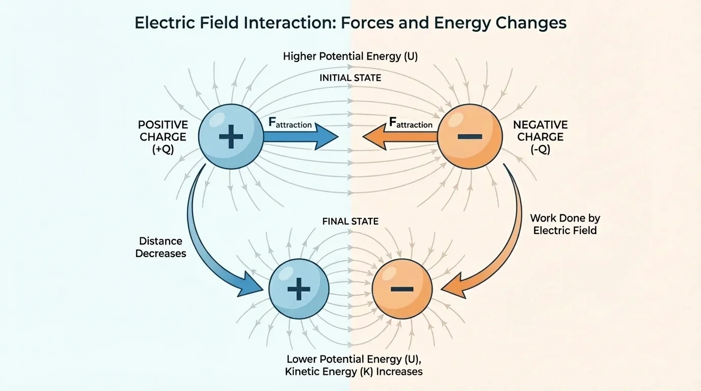 Two charged spheres, one positive and one negative, with simple field lines and arrows showing attraction as the distance between them decreases