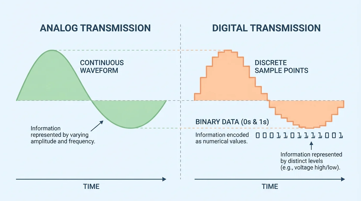Comparison of a smooth analog wave and a stepped digital sampled signal with labeled 0s and 1s