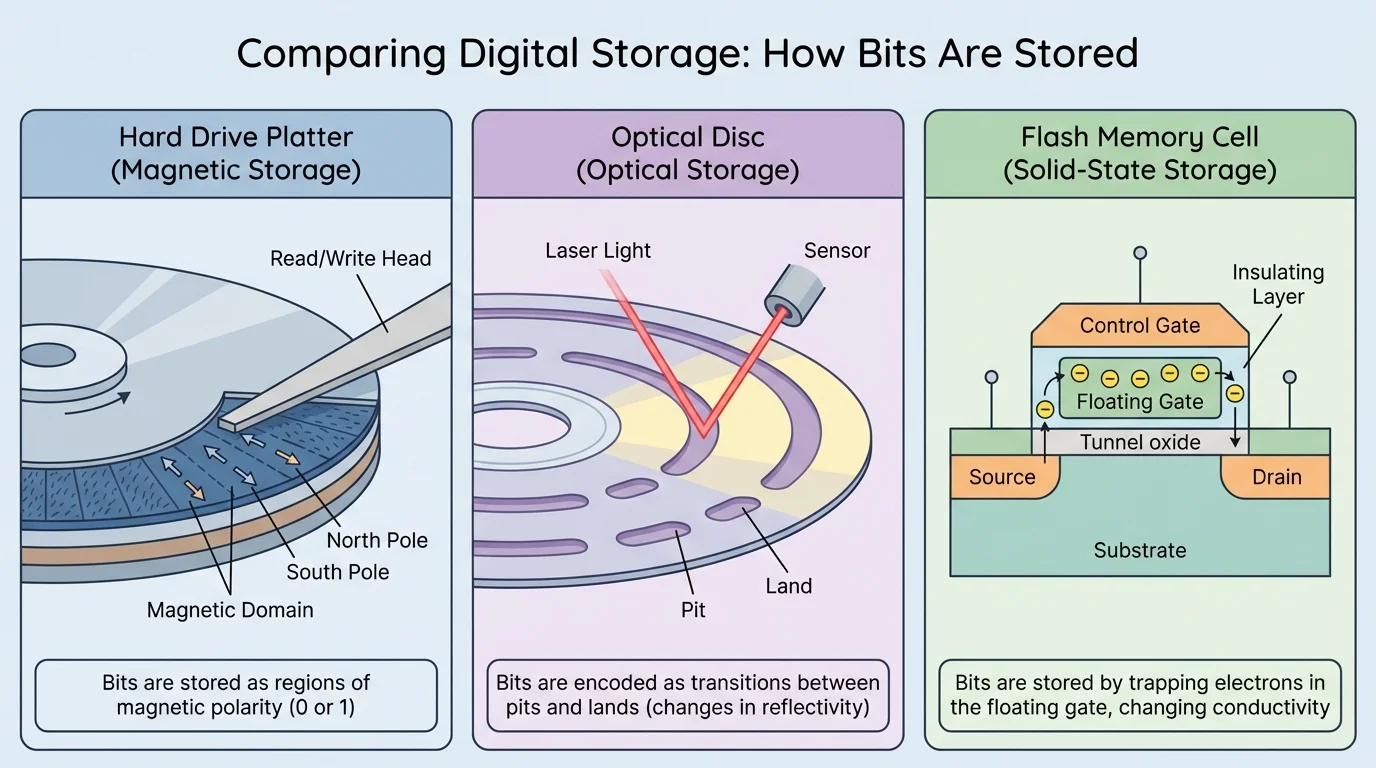 Chart comparing hard drive platters, optical disc pits, and flash memory cells with simple labels for how each stores bits