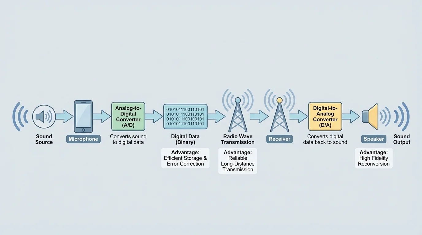 Flowchart showing sound entering a phone microphone, conversion to binary, transmission by radio waves, reception, and reconversion to sound