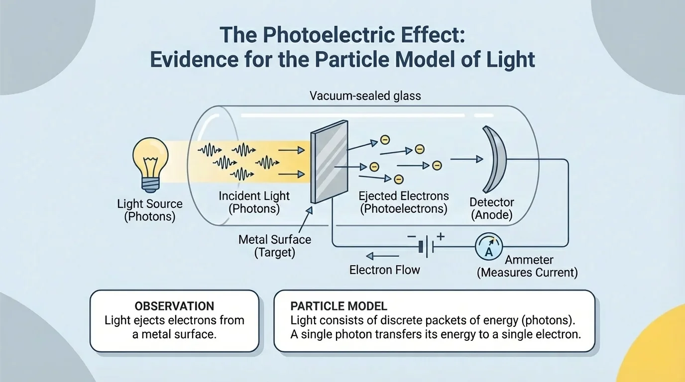 Beam of light striking a metal surface and ejecting electrons toward a detector