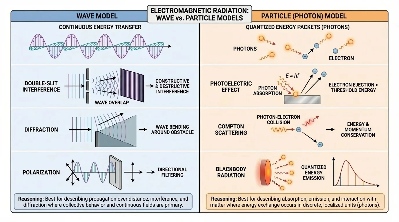 Two-column comparison chart listing phenomena better explained by wave model and by photon model