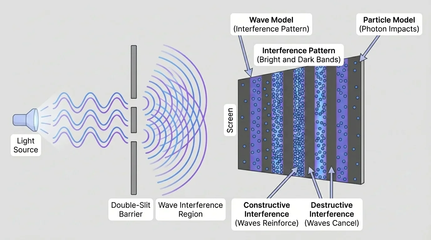 Light passing through two narrow slits to form alternating bright and dark bands on a screen