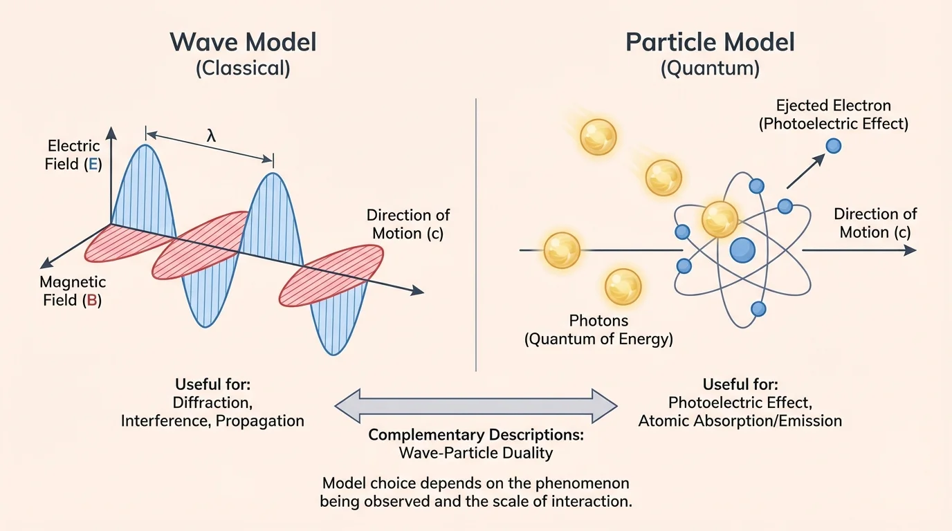 Electromagnetic wave diagram with oscillating electric field, magnetic field, and direction of motion labeled