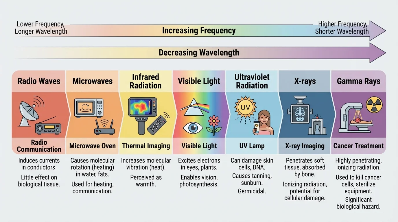 Electromagnetic spectrum from radio waves to gamma rays with increasing frequency to the right, decreasing wavelength, and example uses such as radio communication, microwave oven, thermal imaging, visible light, UV lamp, X-ray imaging, and cancer treatment