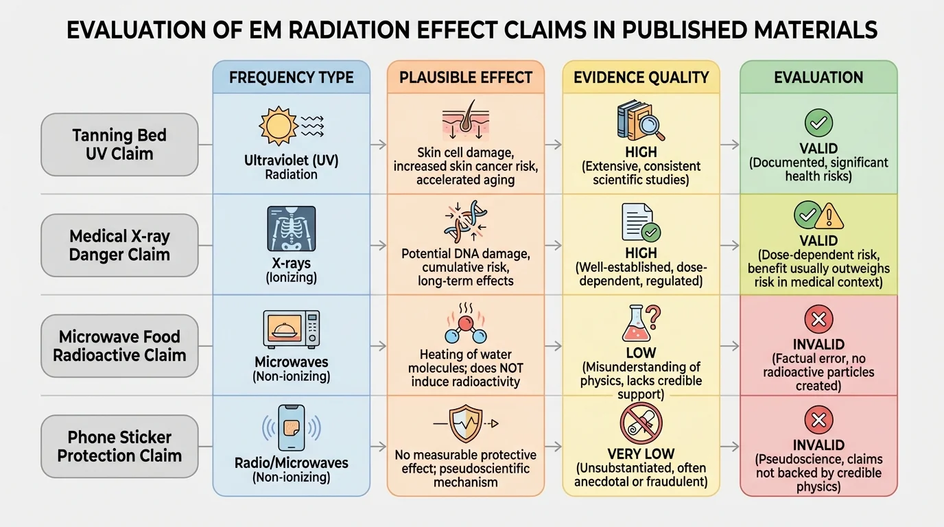 Comparison chart with rows for tanning bed UV claim, medical X-ray danger claim, microwave food radioactive claim, and phone sticker protection claim; columns labeled frequency type, plausible effect, evidence quality, and evaluation