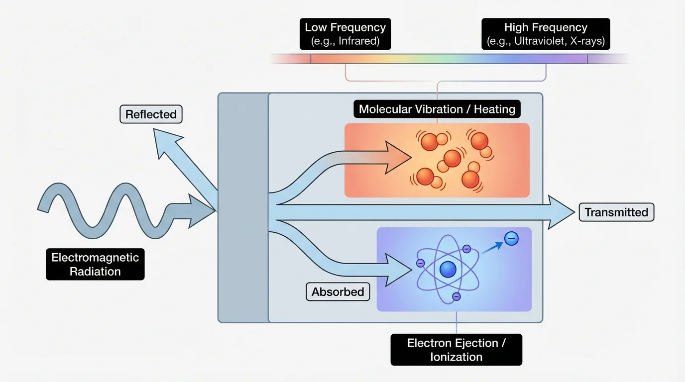 Electromagnetic radiation striking a block of matter with arrows labeled reflected, transmitted, and absorbed; inside the material, one region shows molecular vibration/heating and another shows electron ejection/ionization